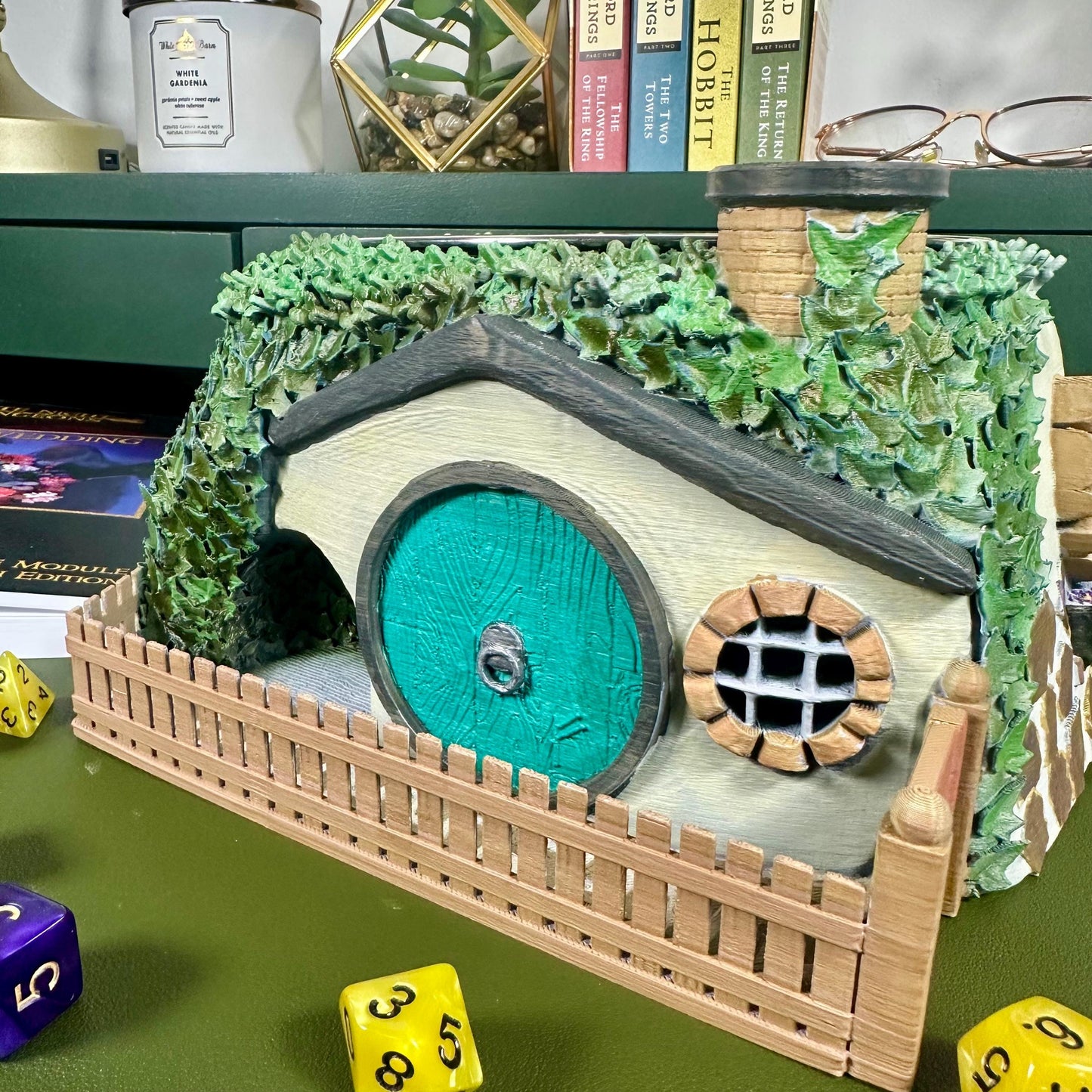 Hobbit Hole Dice Tower & Snack Bowl – Hand-Painted Fantasy Burrow Roller