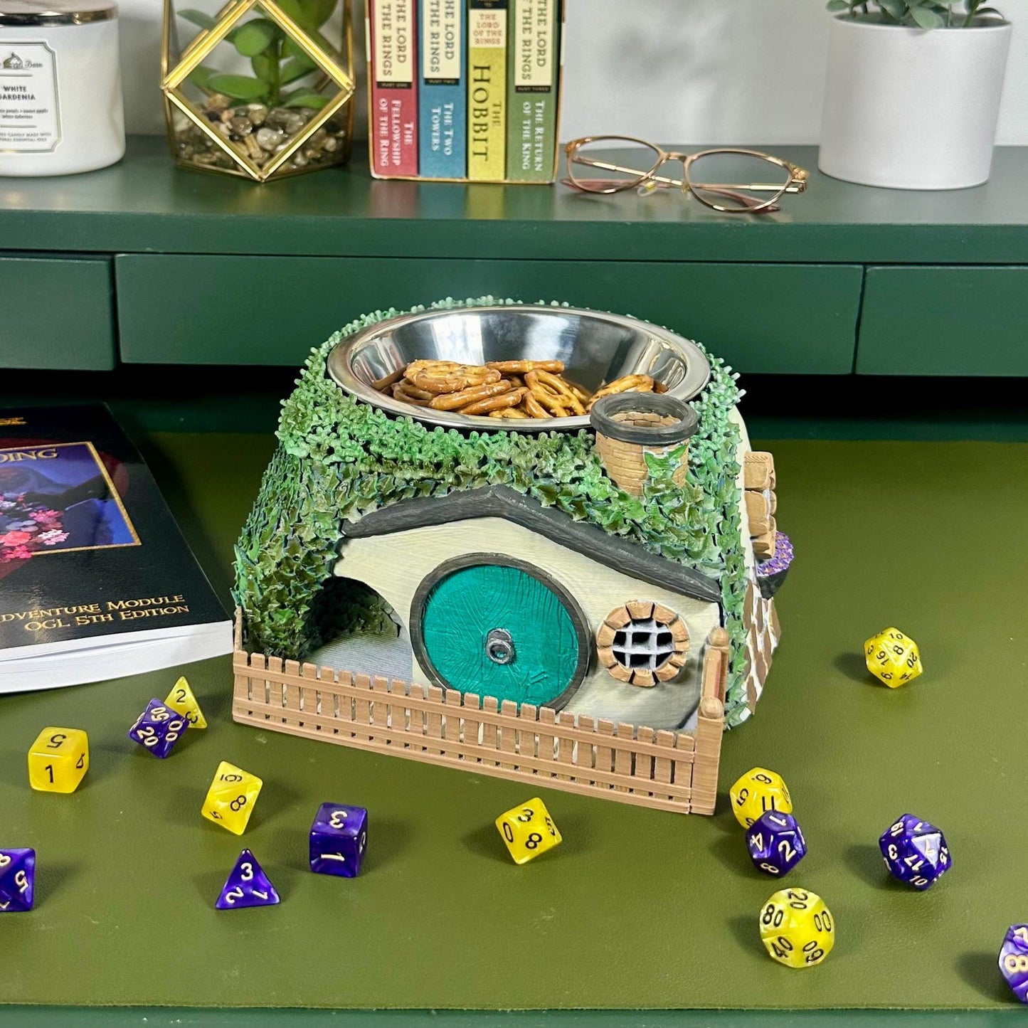 Hobbit Hole Dice Tower & Snack Bowl – Hand-Painted Fantasy Burrow Roller