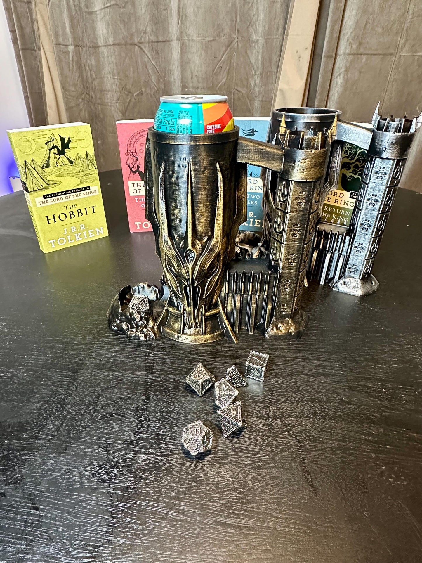 Lord of the Rings Inspired Dice Tower & Can Holder: Hand-Painted RPG Dark Lord Tower