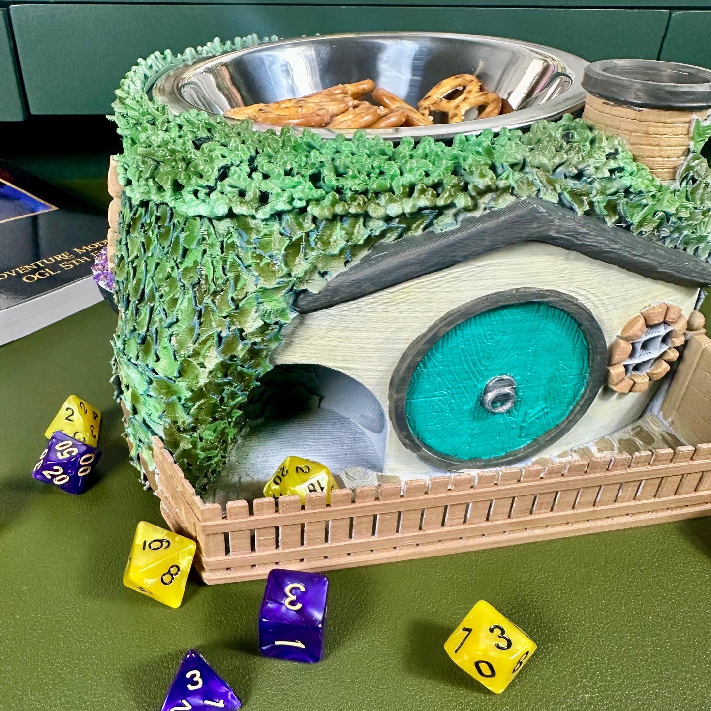 Hobbit Hole Dice Tower & Snack Bowl – Hand-Painted Fantasy Burrow Roller